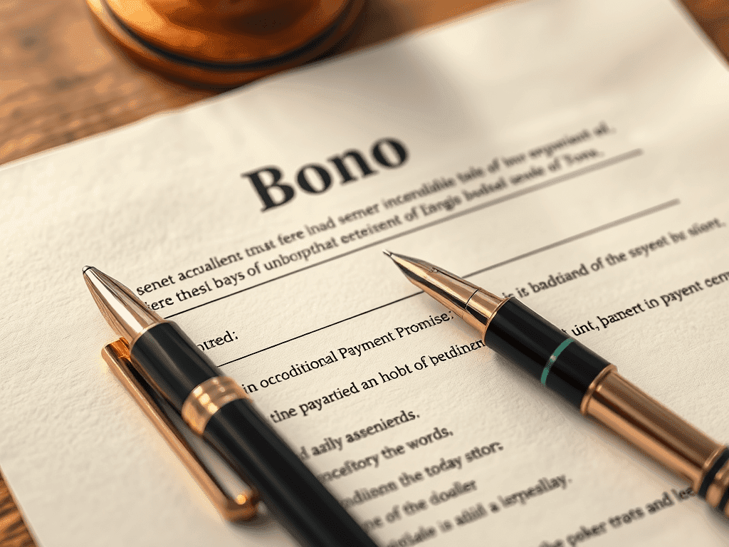 Close-up of a legal document titled 'Bono' with two elegant pens resting on it, symbolizing contract signing.