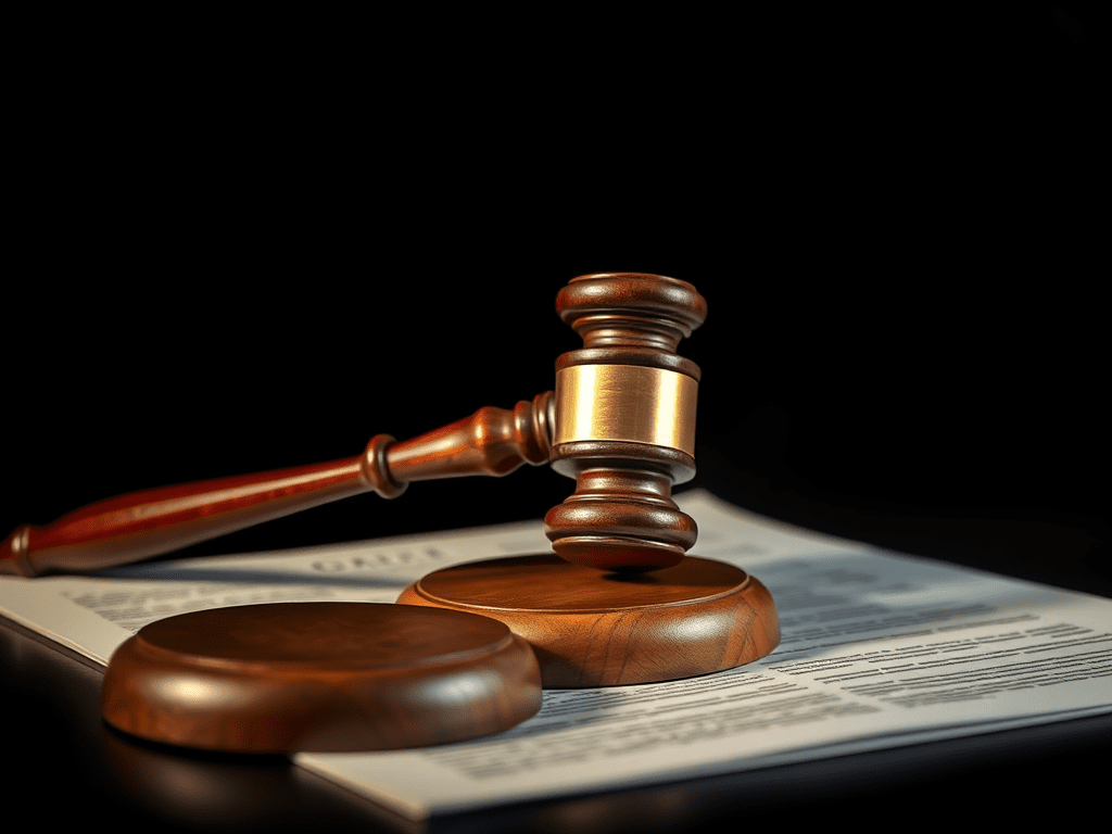 A wooden gavel resting on legal documents, symbolizing justice and the legal system in a courtroom setting.