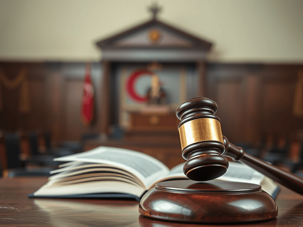 A wooden gavel rests on a desk in a courtroom, with an open law book in the foreground and a judge's bench in the background.