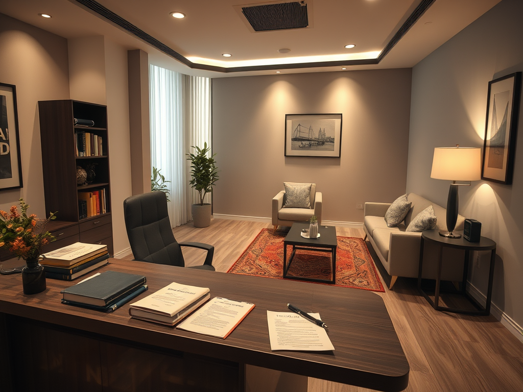 Modern office interior featuring a desk, bookshelves, and comfortable seating, designed for productivity and relaxation.