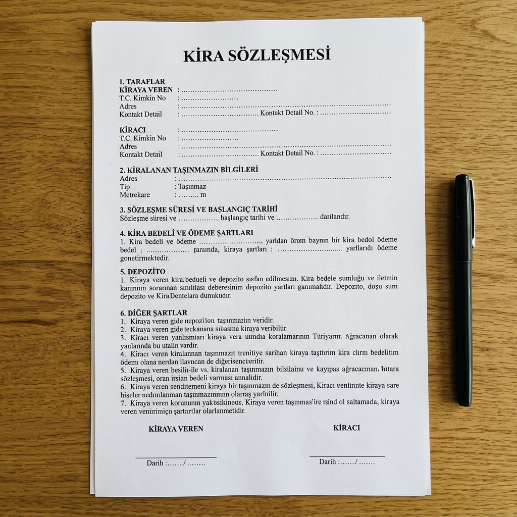 Printed rental contract document in Turkish with contract details and signature lines